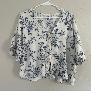 🦋 Luq White Blue Cropped Tie Blouse Casual Summer Floral XXL